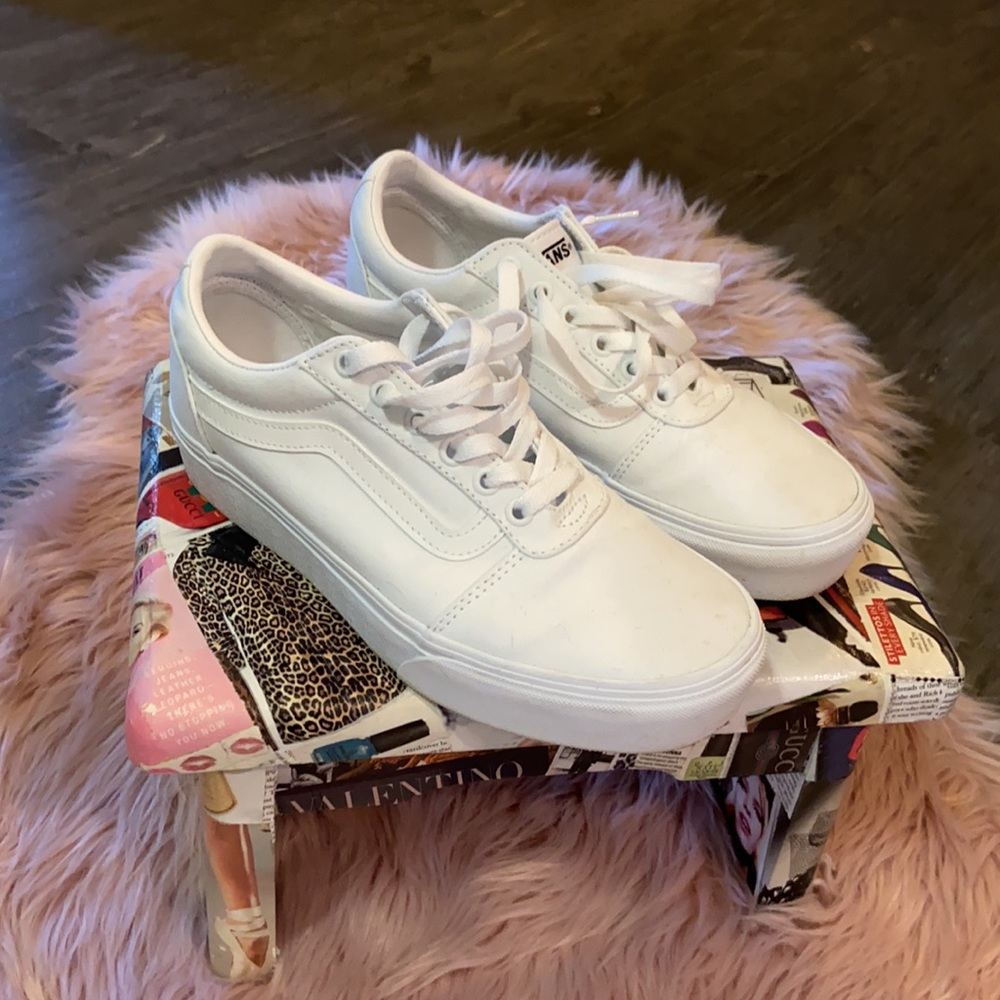 White stacked Vans